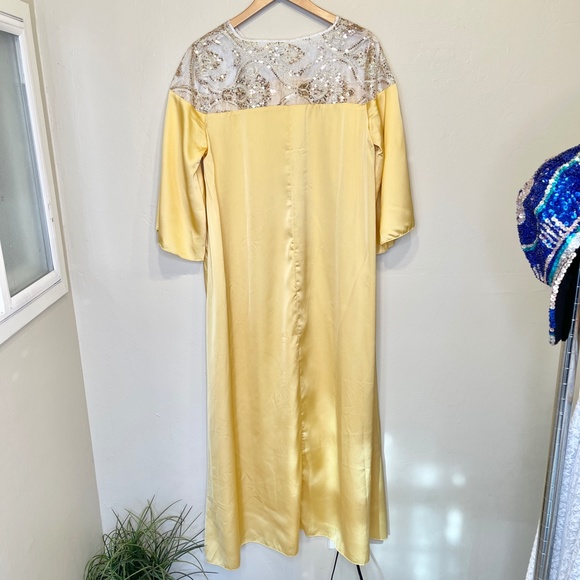 Shein | RARE Jewel Tone Golden Yellow Lace Sequins Bell Sleeve Kaftan Gown Dress - Picture 3 of 14